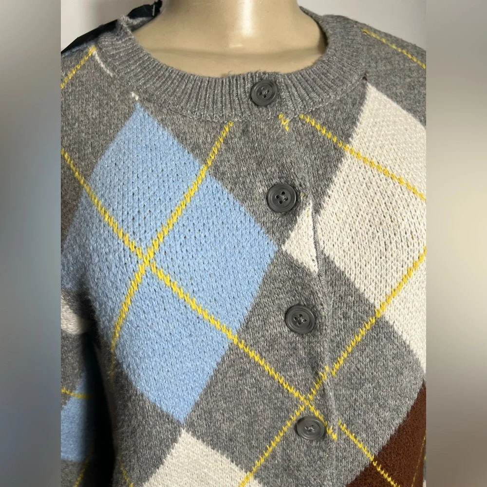 Marled Aggie Argyle Plaid Button-Up Boxy Fit Round Neck Cardigan Sweater_9
